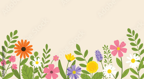 Vibrant spring wildflowers and green leaves form a colorful botanical border at the bottom, set against a warm, neutral background.