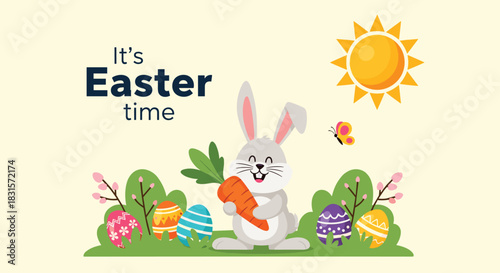 Happy Easter scene with a smiling bunny holding a carrot, surrounded by colorful eggs and spring blossoms under a bright sun.