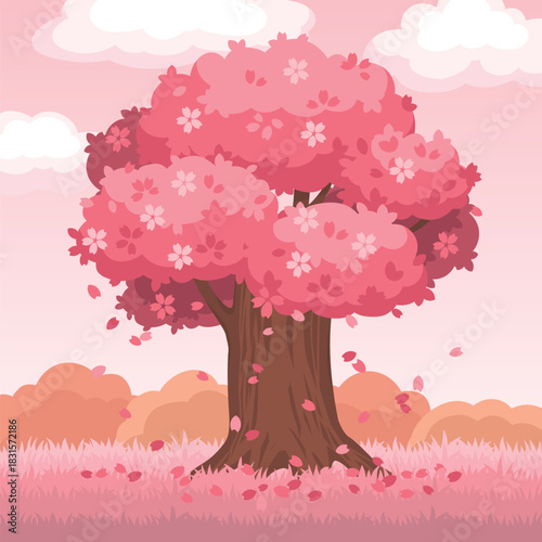Cute Cartoon Pink Sakura Tree with Pink Grassland Vector Romantic Spring Landscape 1x1