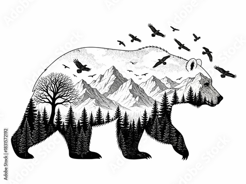 Black and White Bear Double Exposure Illustration: Majestic Wildlife and Mountain Wilderness Vector Graphic
