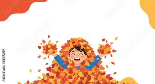 A joyful child with a wide smile plays enthusiastically in a large pile of colorful autumn leaves, tossing them playfully.