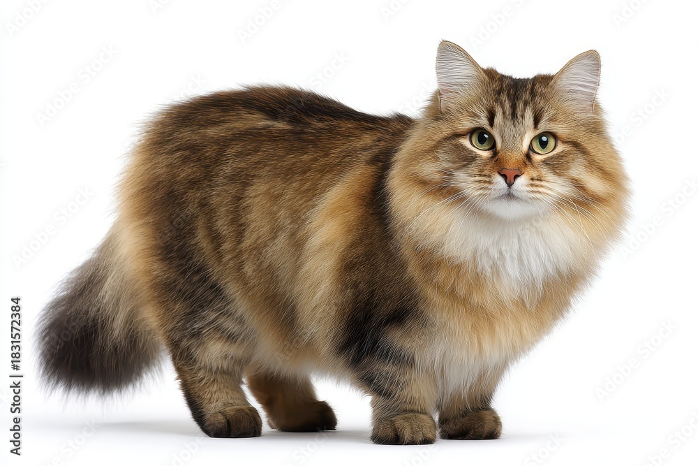 Fototapeta premium Crossbreed Siberian cat standing gracefully in front of a white background showcasing its unique coat and expressive features