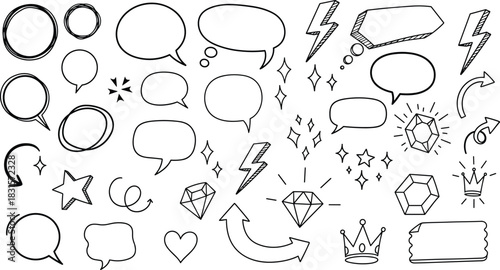 Handdrawn doodle elements isolated on white background featuring speech bubbles, arrows, diamonds, stars, crowns, and lightning bolts for creative designs