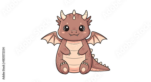 Sweet illustration of a charming little dragon with soft brown scales, tiny wings, and an innocent expression.