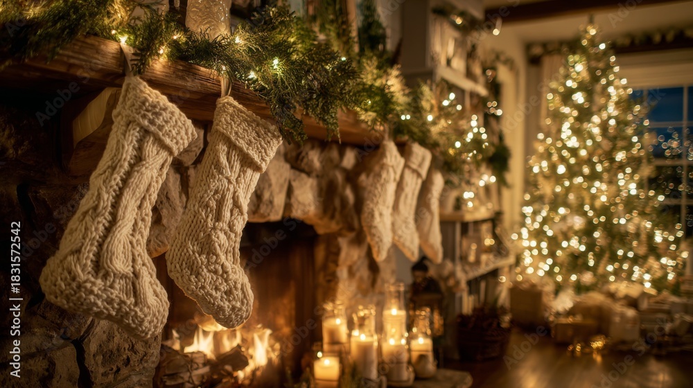 Fototapeta premium Cozy Christmas Fireplace with Knitted Stockings and Decorated Tree Surrounded by Warm Lighting and Holiday Cheer in a Festive Living Room Setting