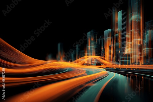 Dynamic orange light trails flow through a futuristic cityscape at night