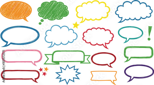A colorful collection of handdrawn speech bubbles, perfect for adding a playful touch to your designs, isolated on white background great for communication