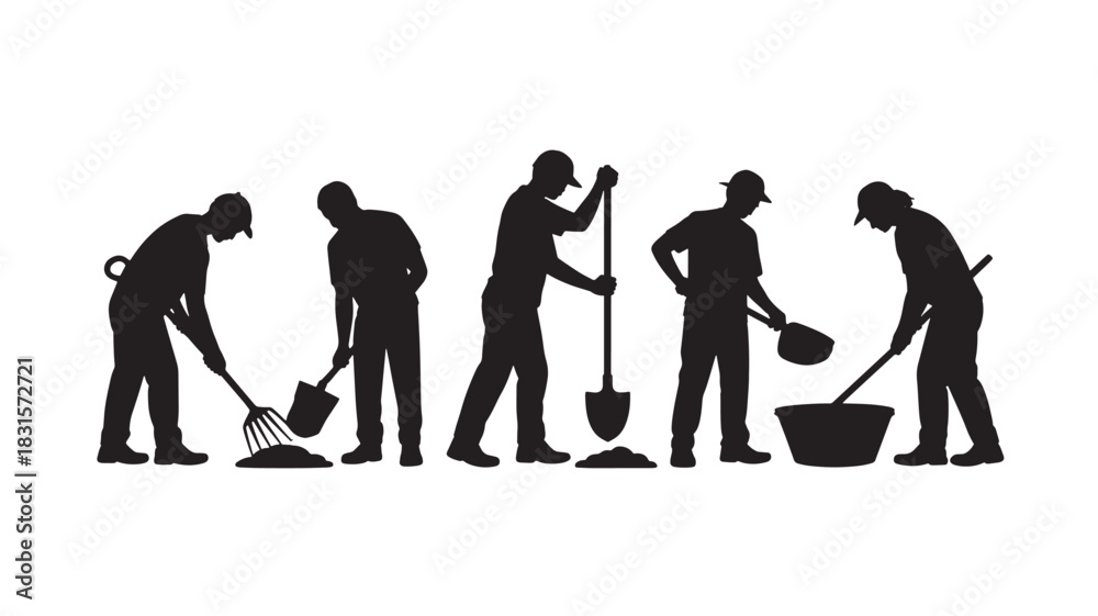 Obraz premium Silhouette of construction workers digging and shoveling vector illustration of manual labor isolated on white background