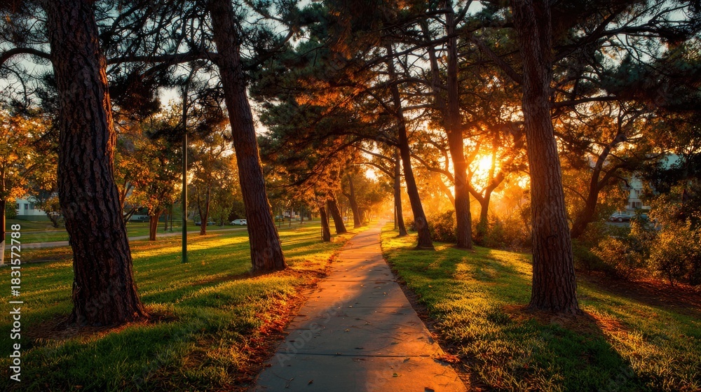 Fototapeta premium Scenic pathway in park lined with trees during glowing sunrise creating a peaceful natural landscape view on white background