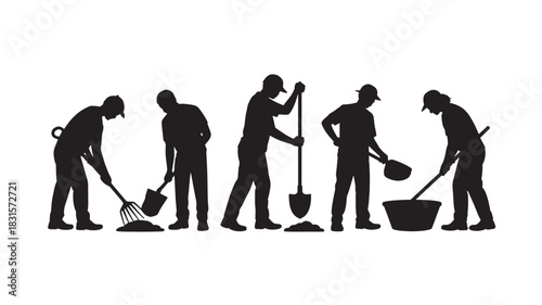 Silhouette of construction workers digging and shoveling vector illustration of manual labor isolated on white background