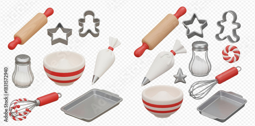 A collection of baking tools and ingredients including rolling pins, cookie cutters, mixing bowls, and whisks.