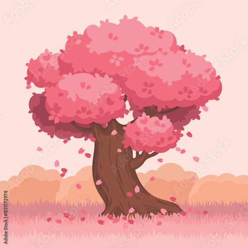 Cute Cartoon Pink Sakura Tree Vector Romantic Spring Landscape 1x1