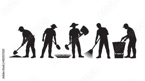 Silhouette of farmers working in the field vector illustration of agricultural workers with tools isolated on white background