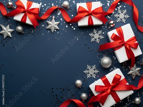Christmas Gifts with Red Ribbons and Ornaments on Blue Background