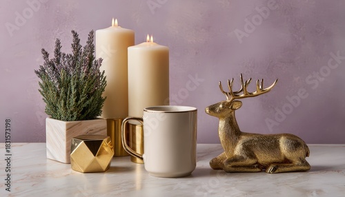 Grouping of decorative home accents featuring burning candles, a potted plant, and a metallic figurine upon a light surface