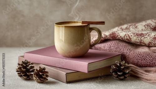Steaming beverage rests atop stacked literature beside soft textiles and natural accents