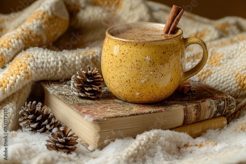 Warm beverage in a speckled mug rests on stacked antique books amidst wintry decorations