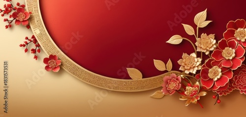 Elegant red and gold background with an ornate circular frame decorated with traditional floral elements and berries