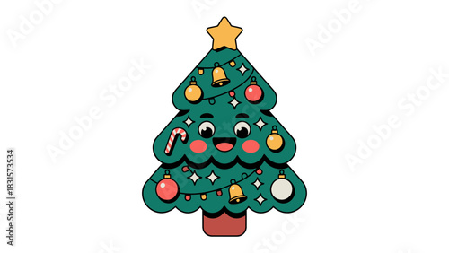 Holiday Cheer Illustration: A cheerful, cartoon Christmas tree adorned with ornaments and a star topper radiates the spirit of joy and festivity during the winter season.