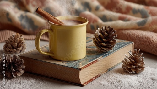 Steaming beverage with cinnamon stick rests upon a vintage book surrounded by pinecones and artificial snow.