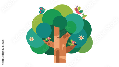 Whimsical Forest: A vibrant illustration showcases a lively tree populated with cheerful birds and flowers, exuding a sense of playful harmony and connection with nature.