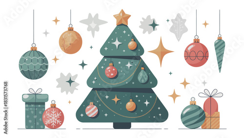 Festive Holiday Ensemble: An illustrated collection of cheerful Christmas decorations, presents, ornaments, and a radiant star topping a holiday tree.