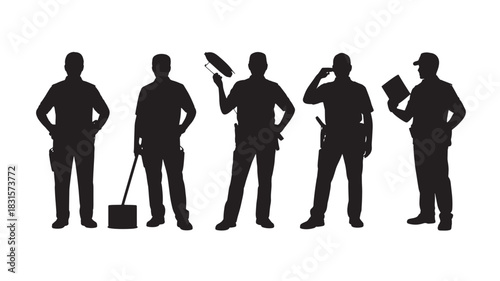 Silhouette set of diverse workers including a cleaner painter security guard and inspector vector illustration isolated on white