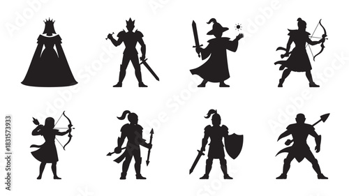 Set of fantasy character silhouettes including a queen knight wizard and archer vector illustration for game design and storytelling
