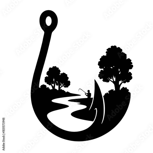 A large fishing hook whose curve transforms into a serene river