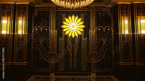 Stunning art deco floral design with elegant gold lines and warm lighting