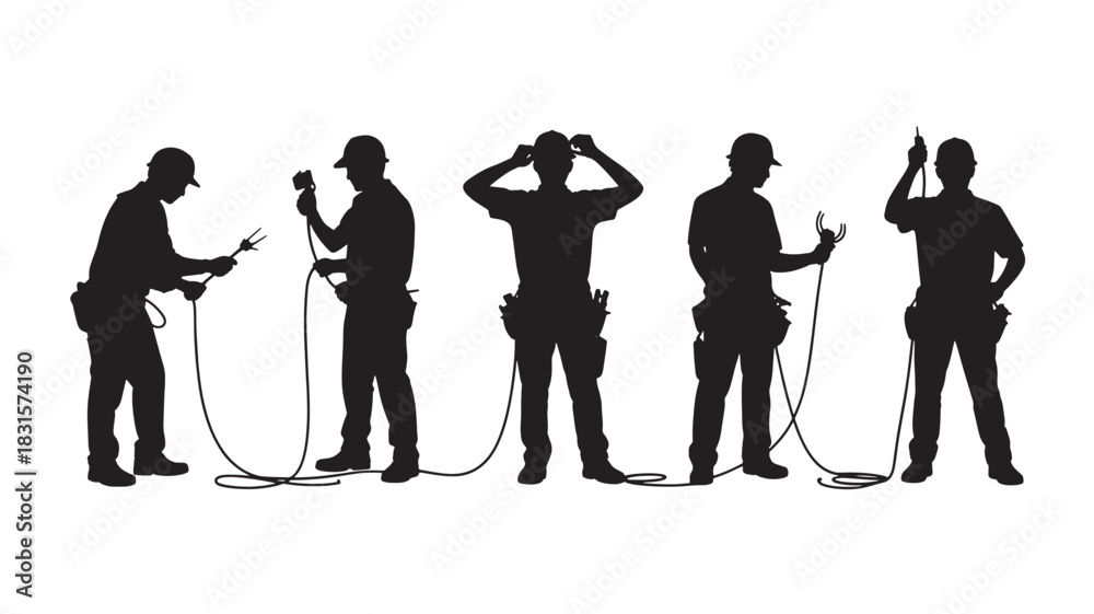 Obraz premium Silhouette of construction workers in various poses vector illustration of builders with tools isolated on white background