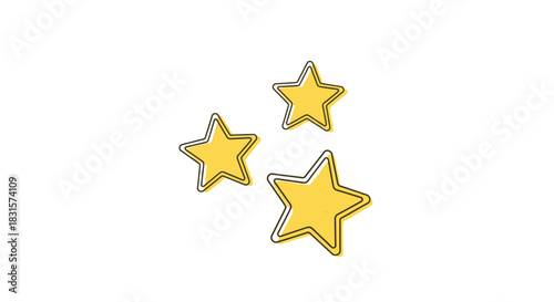 Three charming yellow stars with a whimsical, hand-drawn outline shine brightly against a clean white background, ideal for design projects.