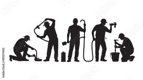 Set of silhouette construction workers diverse poses with tools vector illustration isolated on white background