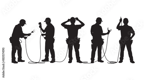 Silhouette of construction workers in various poses vector illustration of builders with tools isolated on white background