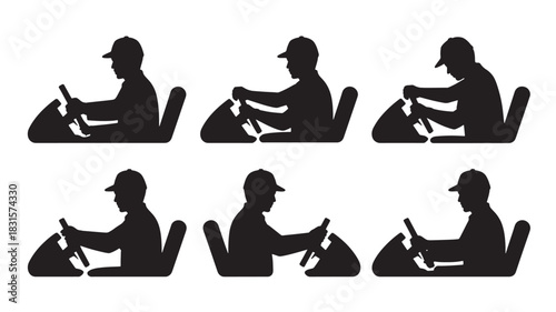 Silhouette of a man driving a bumper car vector illustration showing different positions isolated on white background