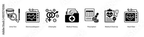 Diagnostic and Vital Tracking web banner with Urine Test, Electrocardiogram, Chlamydia, Medical History, Prescription, Medical Check Up, and Heart Rate to support active health monitoring.