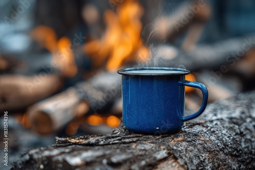 Coffee steaming in a blue enamel cup resting on a log near a cozy campfire during a chilly evening in the woods