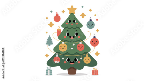Festive Cheer: An illustrated Christmas tree, adorned with cheerful ornaments and twinkling lights, radiates holiday joy and warmth, embodying the spirit of the season.