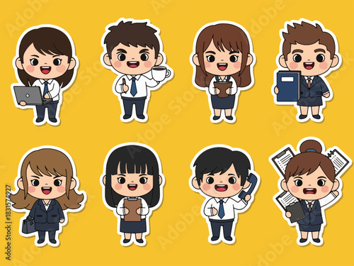 Cute kawaii office worker sticker pack featuring characters with laptops, coffee cups, and planners. Perfect for digital planning, workplace themes, and sticker collections