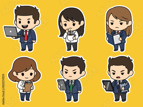 Cute kawaii office worker sticker pack featuring characters with laptops, coffee cups, and planners. Perfect for digital planning, workplace themes, and sticker collections
