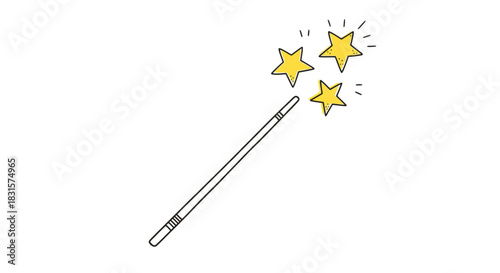 A whimsical hand-drawn illustration of a classic magic wand with sparkling yellow stars, perfect for evoking enchantment and wonder in creative designs.