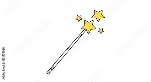 A charming cartoon illustration depicts a whimsical magic wand adorned with sparkling yellow stars, symbolizing enchantment, dreams, and celebratory moments on a clean white background.