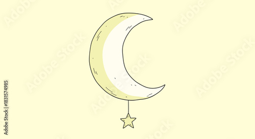A gentle, hand-drawn illustration of a pale yellow crescent moon with a small star dangling below, creating a serene, dreamy celestial motif on a light background.