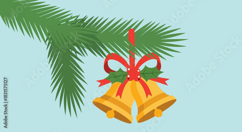 Festive Christmas Bells Hanging from a Pine Branch with Red Ribbon.