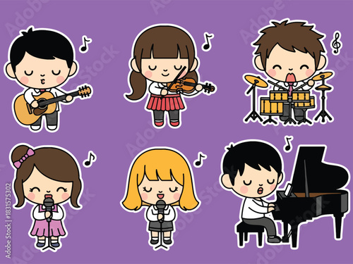 Cute kawaii musicians sticker set including guitar, piano, drums, violin, and singing characters. Perfect for music lovers, planners, and creative sticker themes