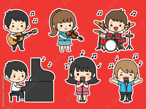 Cute kawaii musicians sticker set including guitar, piano, drums, violin, and singing characters. Perfect for music lovers, planners, and creative sticker themes