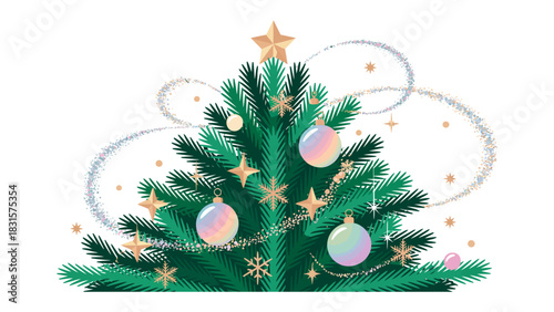 Festive Christmas Tree Decoration: A beautifully decorated Christmas tree, adorned with shimmering ornaments, stars, and garlands, radiates the joyous spirit of the holiday season. 