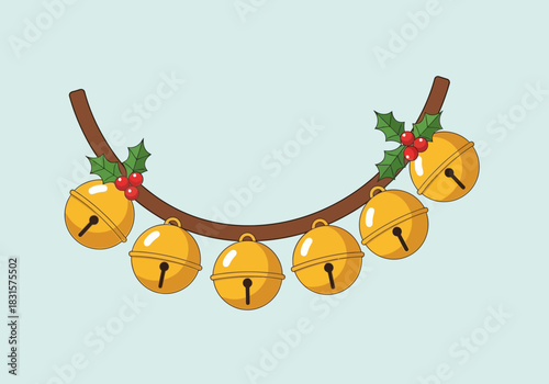 Cartoon Sleigh Bells on Branch with Holly Berries Decoration.