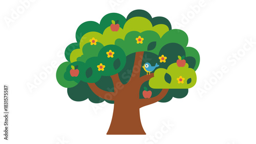 Blossoming Tree Illustration: A vibrant illustration showcasing a healthy tree, complete with lush green leaves, ripe red apples, and delicate yellow flowers, embodying growth and natural beauty.