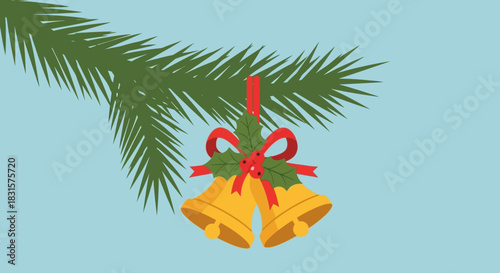 Festive Christmas Bells Hanging from Pine Branch with Red Ribbon.